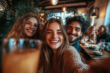 Fun selfie with friends: Group of young people hanging out in a restaurant, Generative AI