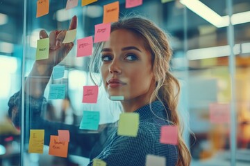 Planning is always a crucial step in success. Shot of a group of businesswomen arranging sticky notes on a glass wall in a modern office, Generative AI