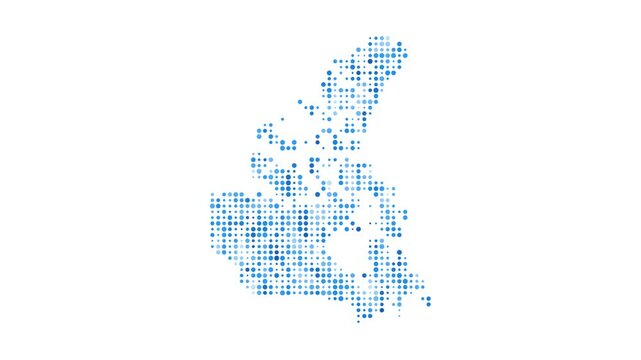 Canada dotted digital map. Map of Canada with pulsating colored circles. Shape of the country filled with blue disks. Cool video.
