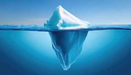 An iceberg visible above and below water on a clear blue background, illustrating the concept of hidden depth