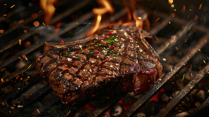 Photograph of juicy steak on the grill, tasty. restaurant.