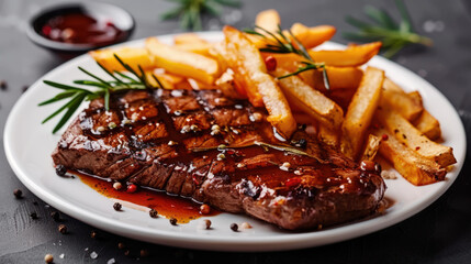 Photograph of a delicious dish with beef, fries and salad. restaurant.