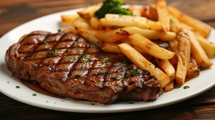 Photograph of a delicious dish with beef, fries and salad. restaurant.