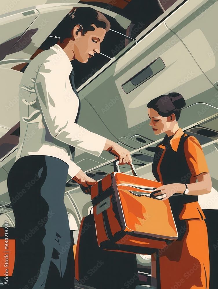 Poster two flight attendants are organizing cabin supplies while preparing for passenger service on a busy 