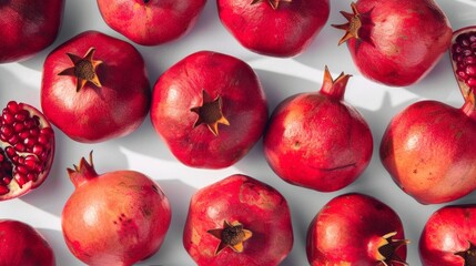 Freshly harvested red pomegranates glisten under the light, inviting the viewer to explore their juicy seeds and rich color