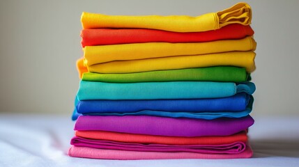 Colorful stack of cotton clothes, close up pile of clothing