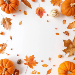 Obraz premium Thanksgiving background: pumpkins and fallen leaves on white background. Copy space for text