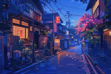 Obraz premium A quiet street with a few houses and a trash can, generative ai image
