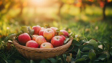 Ripe red apples in a wicker basket on the grass in an orchard