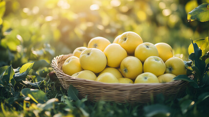 Ripe yellow apples in a wicker basket on the grass in an orchard