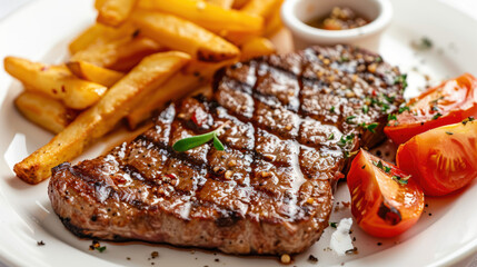 Photograph of a delicious dish with beef, fries and salad. restaurant.