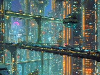 Stunning Panoramic View of a Hyper Advanced Futuristic City with Towering Geometric Structures and