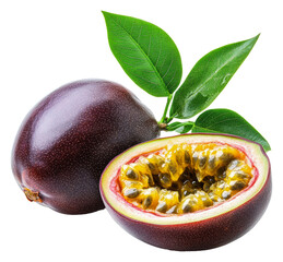 PNG Passion fruit split open with leaves nearby