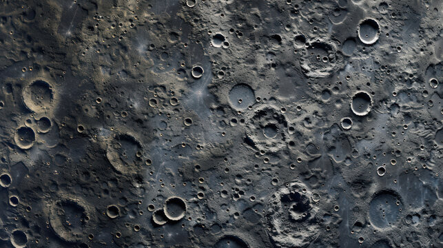Moon surface with shadows and many meteorite impact craters. Close up top view lunar grainy texture pattern