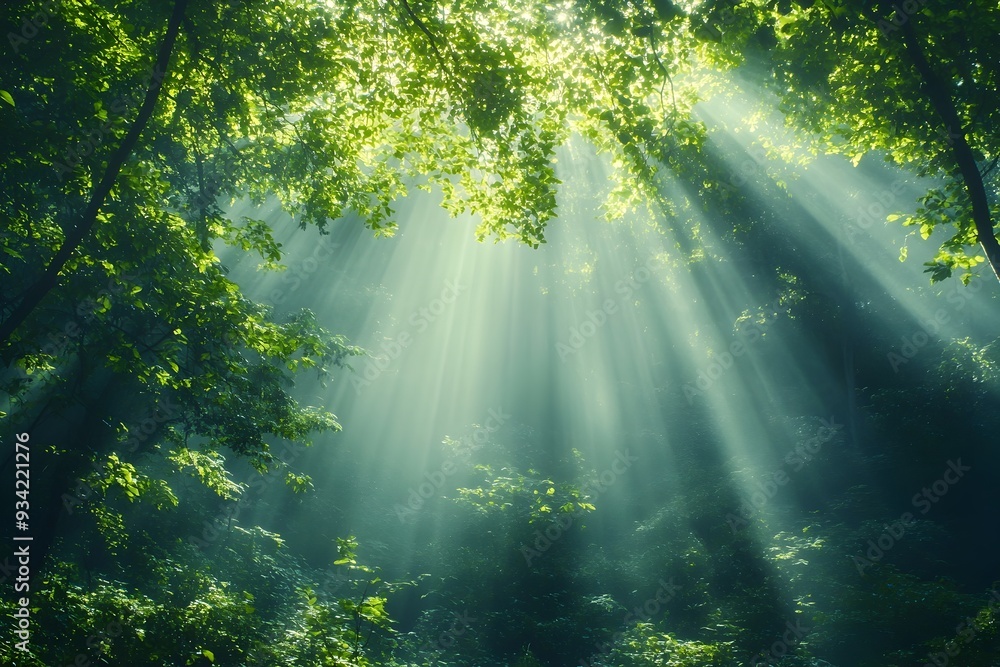 Poster serene sunbeams filtering through the lush verdant canopy of a misty forest landscape creating a tra