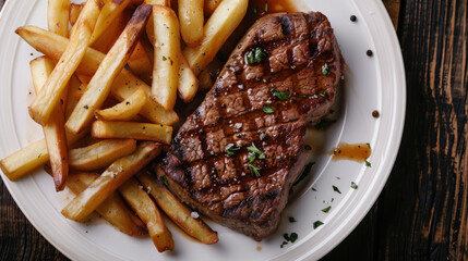 Photograph of a delicious dish with beef, fries and salad. Restaurant.