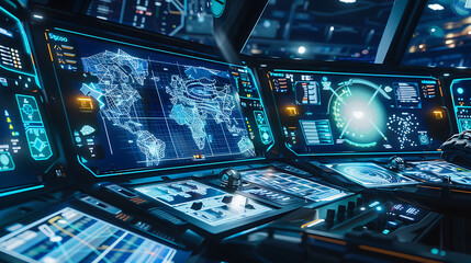 Obraz premium Science fiction-inspired control panel with futuristic interfaces and displays 