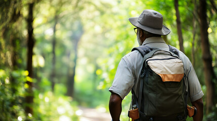 Senior man hiking in a lush forest, wearing a hat and backpack. Capturing a moment of peaceful solitude and connection with nature, perfect for themes of adventure, mindfulness. AI