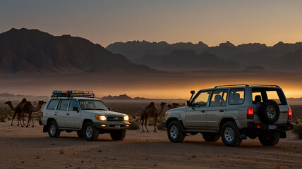 Fototapeta premium jeep and camel in the desert