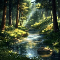 Obraz premium Peaceful River Flowing Through Lush Verdant Forest with Tranquil Sunlit Atmosphere