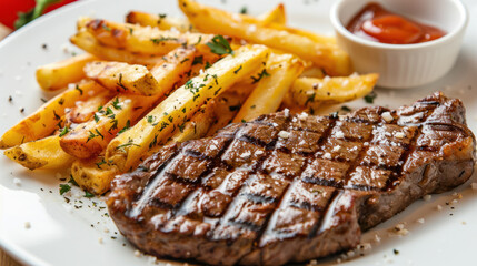Photograph of a delicious dish with beef, fries and salad. Restaurant.