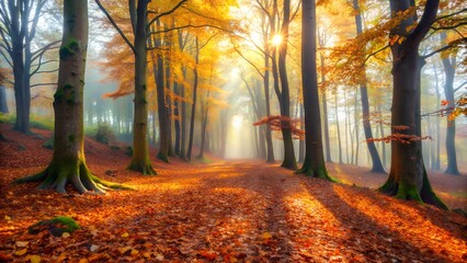 Autumn forest with a carpet of fallen leaves and misty light