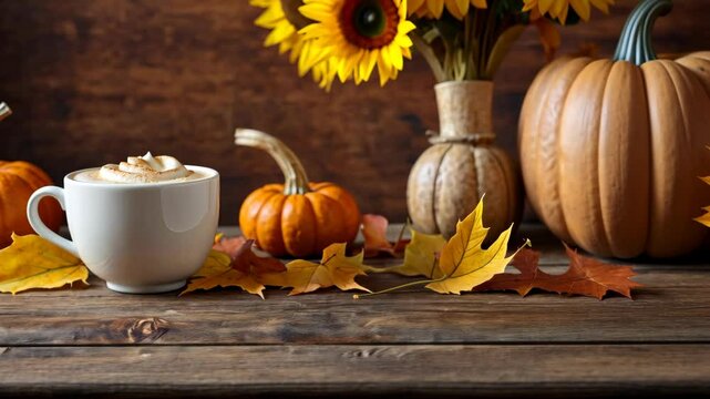 Still life with pumpkin latte with pumpkin and star anis on wooden table. Hot drink concept with autumn harvest decor. Cozy seasonal template for Halloween or Thanksgiving celebration with copy space.