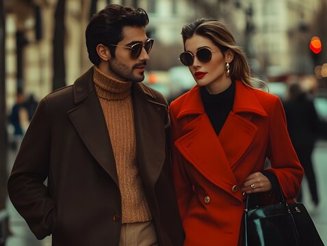 Chic Urban Couple Strolling Through Bustling City Square with Nostalgic Parisian Vibe