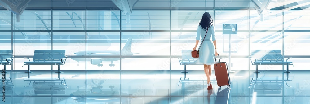 Poster a flight attendant walks through the airport terminal, rolling her suitcase towards the gate as morn