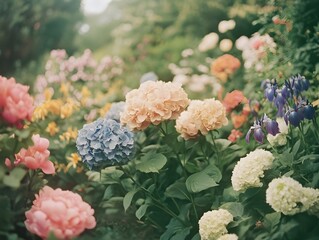 Enchanting Vintage Floral Garden Oasis Captured Through a Dreamy