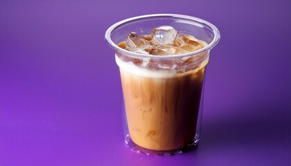 plastic cup with coffee with milk, ice cubes. coffee shop concept
