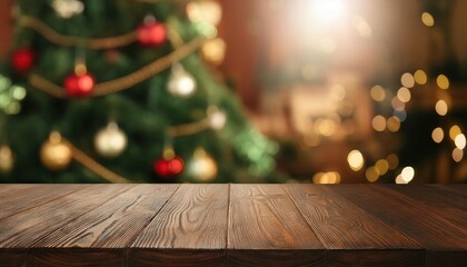 Empty wooden table over defocused christmas background with copy space 
