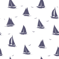 Yachts, seamless, pattern, realistic sketch, hand drawn vector