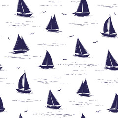 Yachts, seamless, pattern, realistic sketch, hand drawn vector