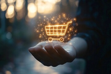 Businessman presenting a glowing shopping cart icon, symbolizing online shopping and e-commerce