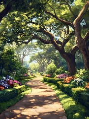 Fototapeta premium A Serene Park Setting with Meandering Trail Oak Trees and Vibrant Floral Arrangements