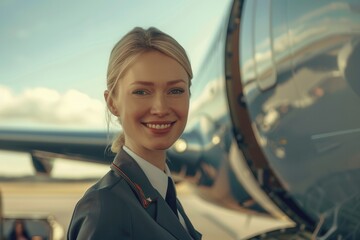 A flight attendant in uniform stands beside a private jet, smiling as travelers prepare to board at the airport under a clear blue sky. Generative AI