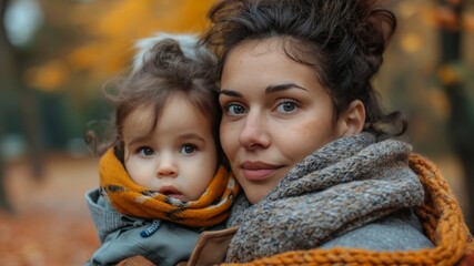 A mother and child enjoying a warm cuddle in an autumn park, wrapped up in scarves and sweaters.