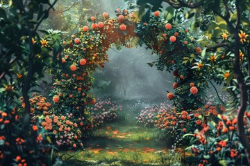 A beautiful garden with a stone archway and a stone path leading through it, generative ai image