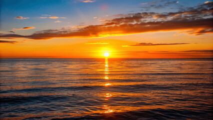 Obraz premium A beautiful sunset over a calm ocean with the sun dipping below the Horizon