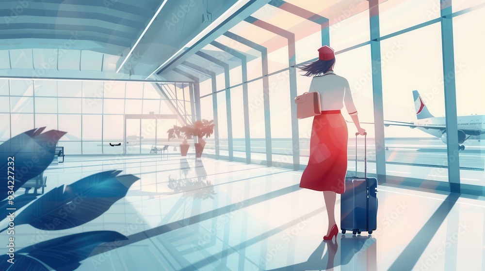 Aufkleber the flight attendant stands by the window, suitcase in tow, gazing at planes while preparing for her