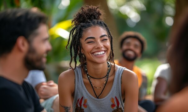 Diverse group of people men and women sitting in open air laughing talking engaged in mindful activities. Togetherness sense of community mental health, Generative AI