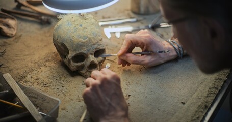 Close up of mature archaeologist cleaning skull of extinct ancient human from sand under lamp using...