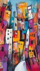 Naklejka premium Abstract colorful buildings painting on canvas, vibrant urban landscape. Modern art concept