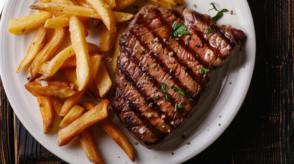 Photograph of a delicious dish with beef, fries and salad. Restaurant.