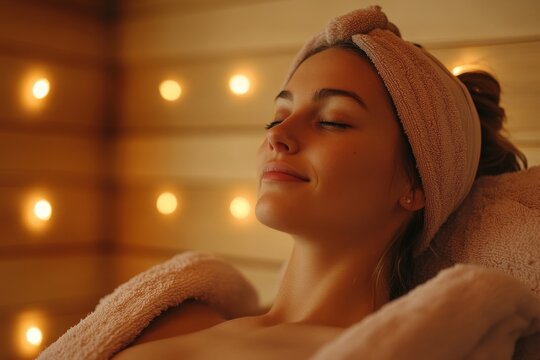 Her place of peace.... A young woman relaxing in the sauna at a spa, Generative AI