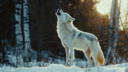 Obraz premium A white wolf howls in a snowy winter forest.