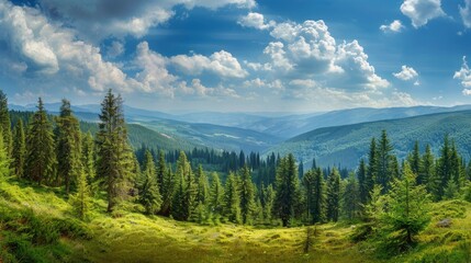 Magnificent panoramic view the coniferous forest on the mighty Carpathians Mountains and beautiful blue sky background. Beauty of wild virgin Ukrainian nature. Peacefulness , ai