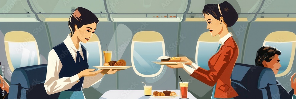 Poster two flight attendants are serving food and drinks to passengers seated comfortably in an airplane ca