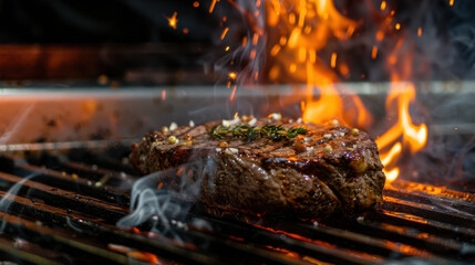 Photograph of steak grilling, tasty, delicious. restaurant.